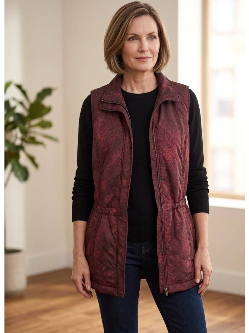 Coldwater Creek Burgundy Print Cinch Waist Vest Size L Fitted Utilitarian